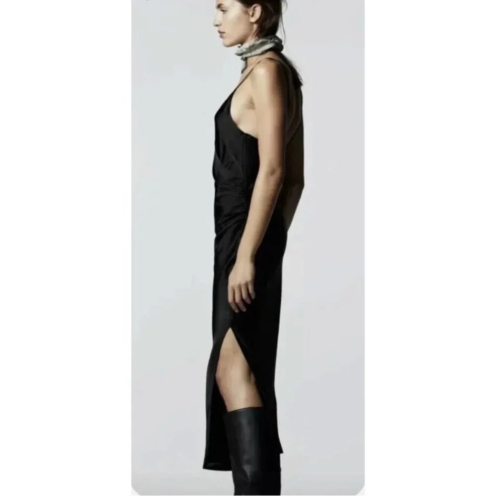Zara Side Ruched Midi Slip Dress Satin Effect Black Straps Sleek Party Small - Picture 4 of 16